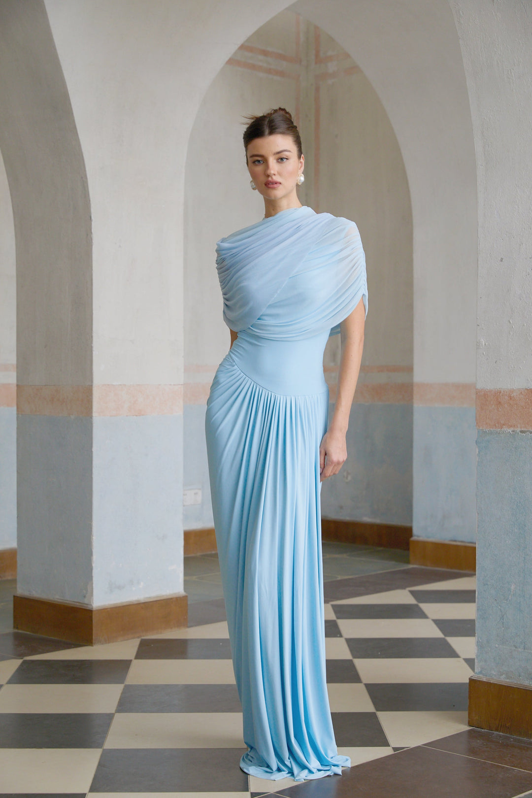 asymmetrical pleated maxi dress in Baby-blue