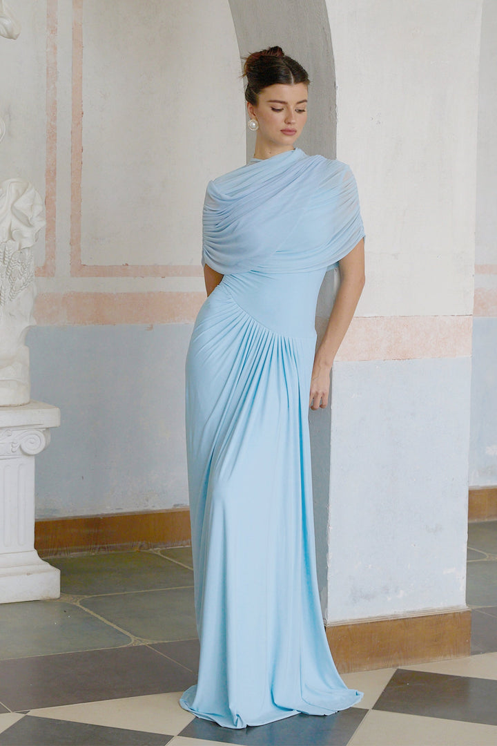 asymmetrical pleated maxi dress in Baby-blue