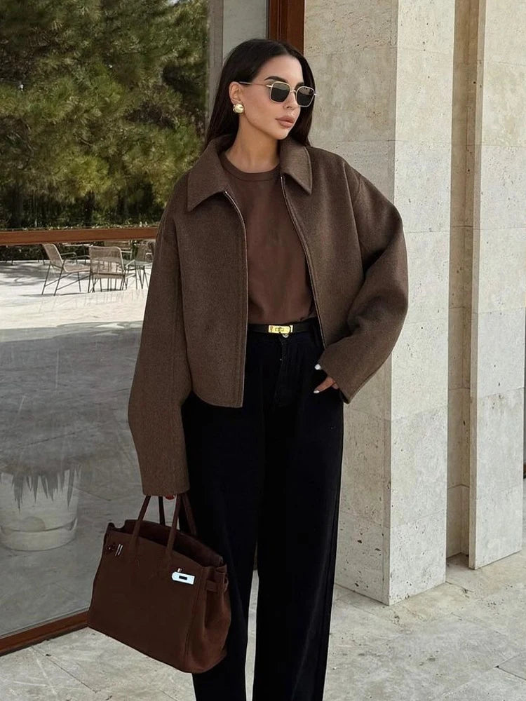 Fashion Brown Zipper Woolen Jacket For Women