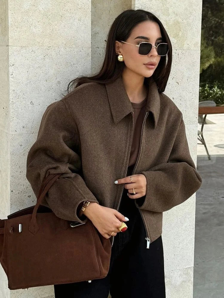 Fashion Brown Zipper Woolen Jacket For Women