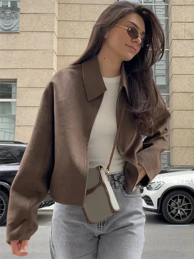 Fashion Brown Zipper Woolen Jacket For Women