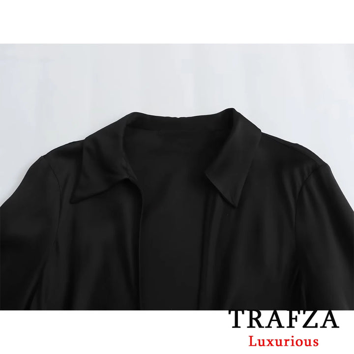 Black Satin Bow Tie Shirts Women