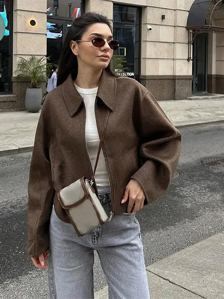 Fashion Brown Zipper Woolen Jacket For Women
