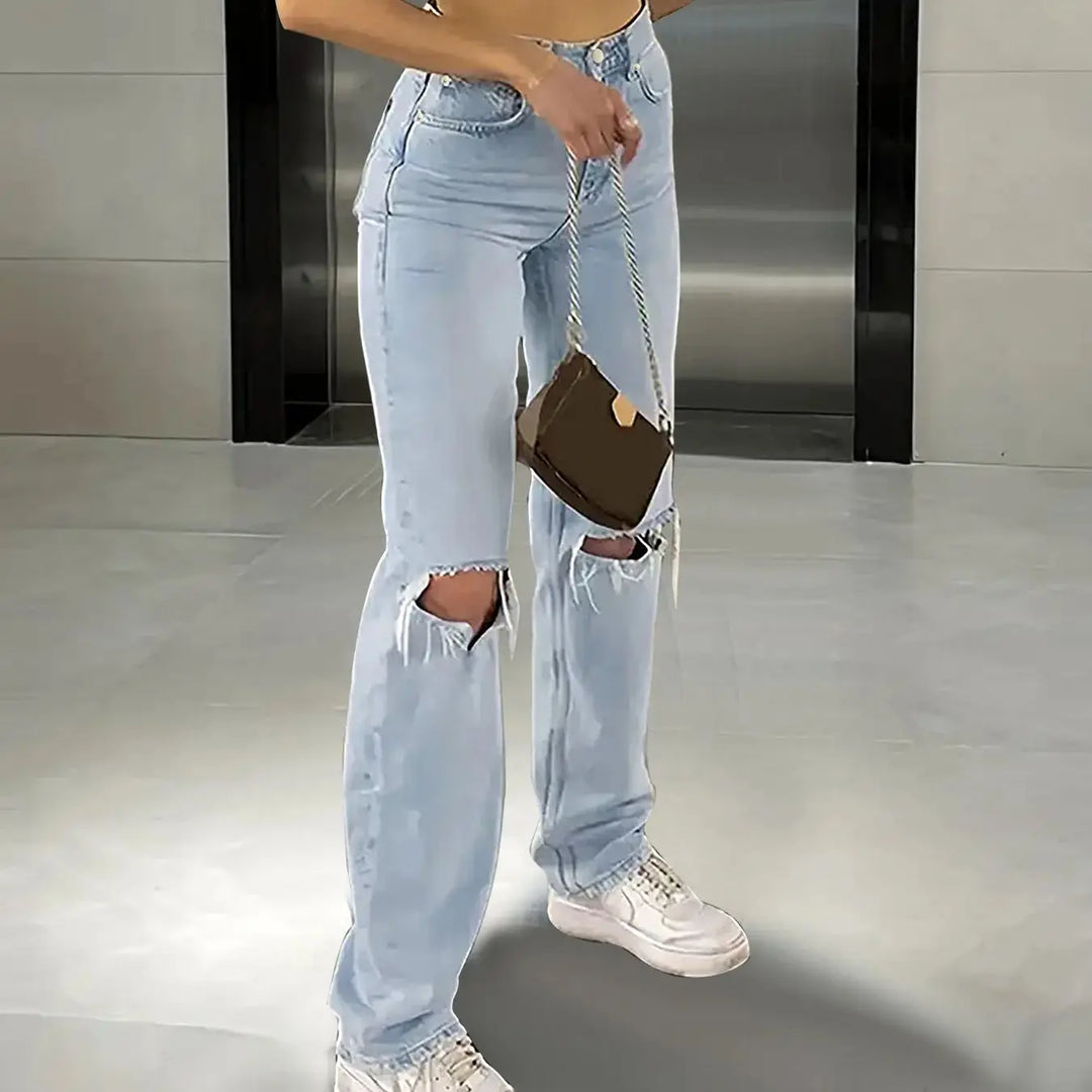 Women's new knee-piercing jeans, loose, comfortable and casual