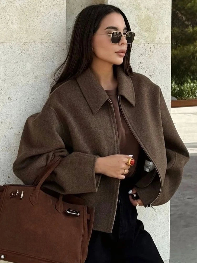 Fashion Brown Zipper Woolen Jacket For Women