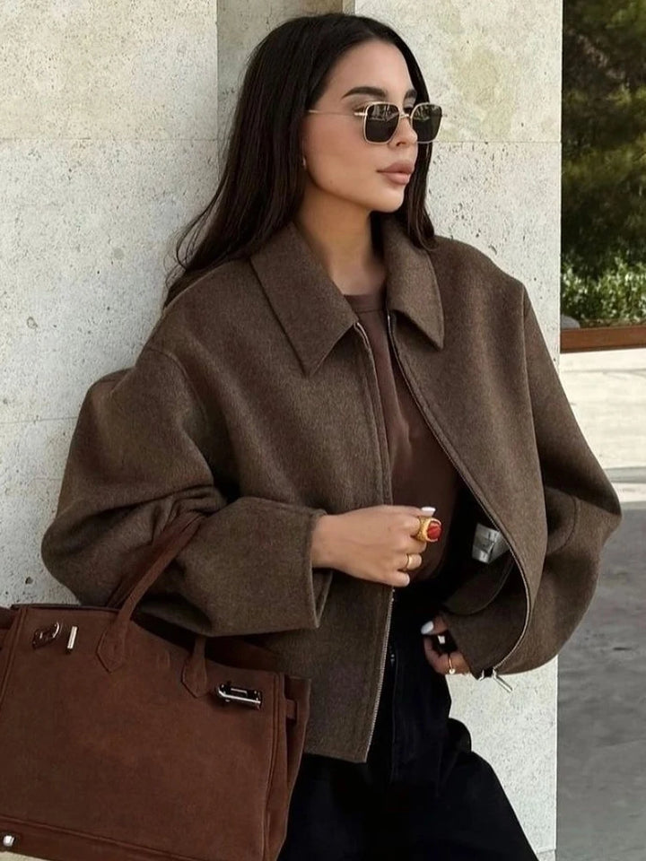 Fashion Brown Zipper Woolen Jacket For Women