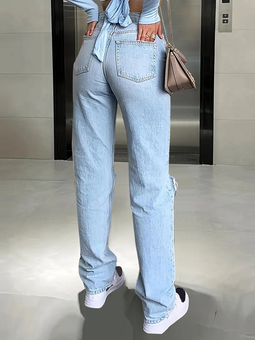 Women's new knee-piercing jeans, loose, comfortable and casual
