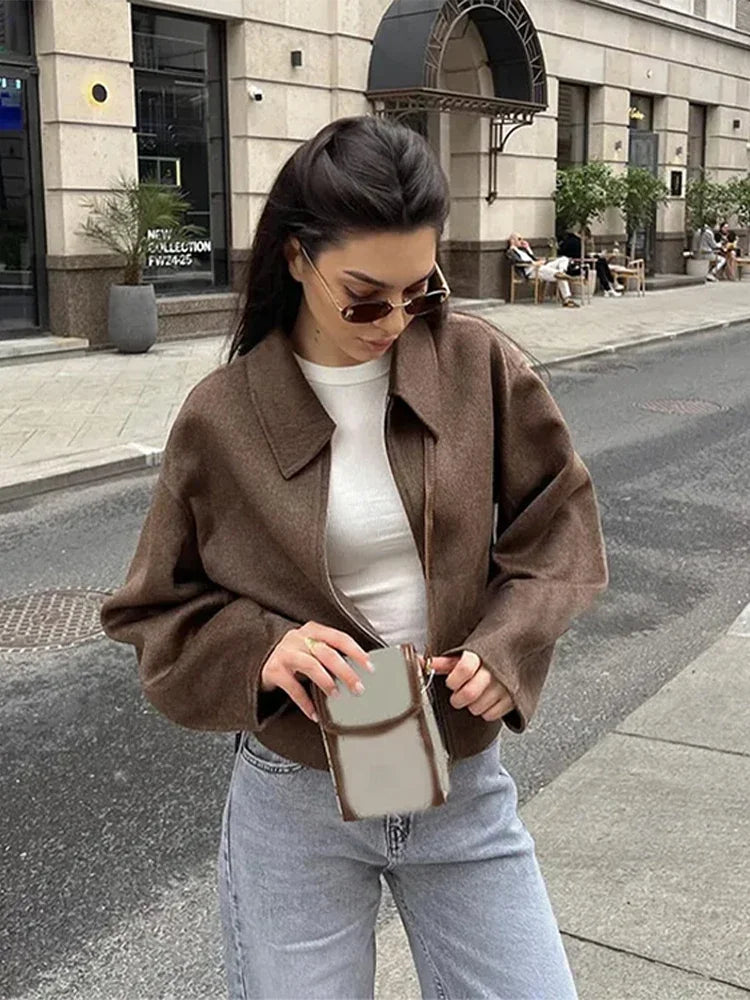 Fashion Brown Zipper Woolen Jacket For Women