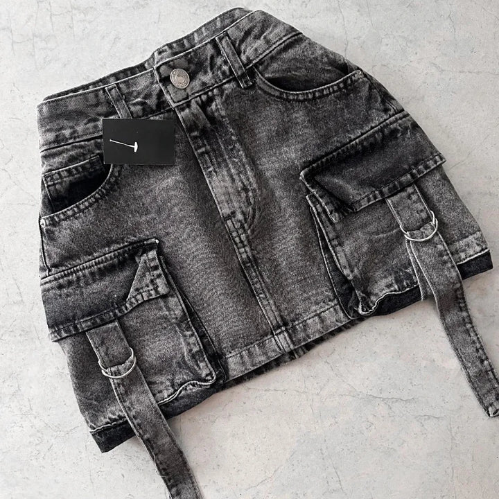 Harajuku Multiple Pockets Denim Plaid Skirt