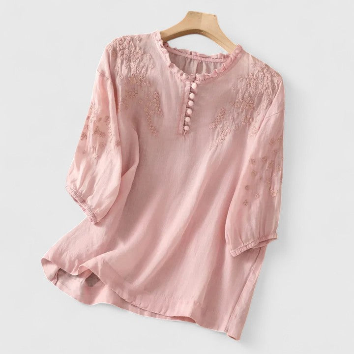 Janet™ – Embroidered Button-Front Blouse with Timeless Elegance