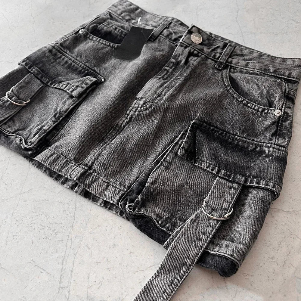 Harajuku Multiple Pockets Denim Plaid Skirt