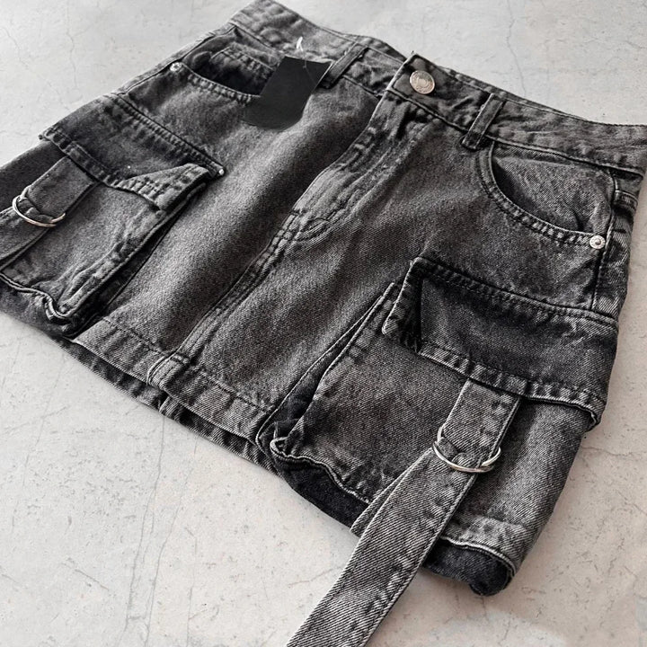 Harajuku Multiple Pockets Denim Plaid Skirt