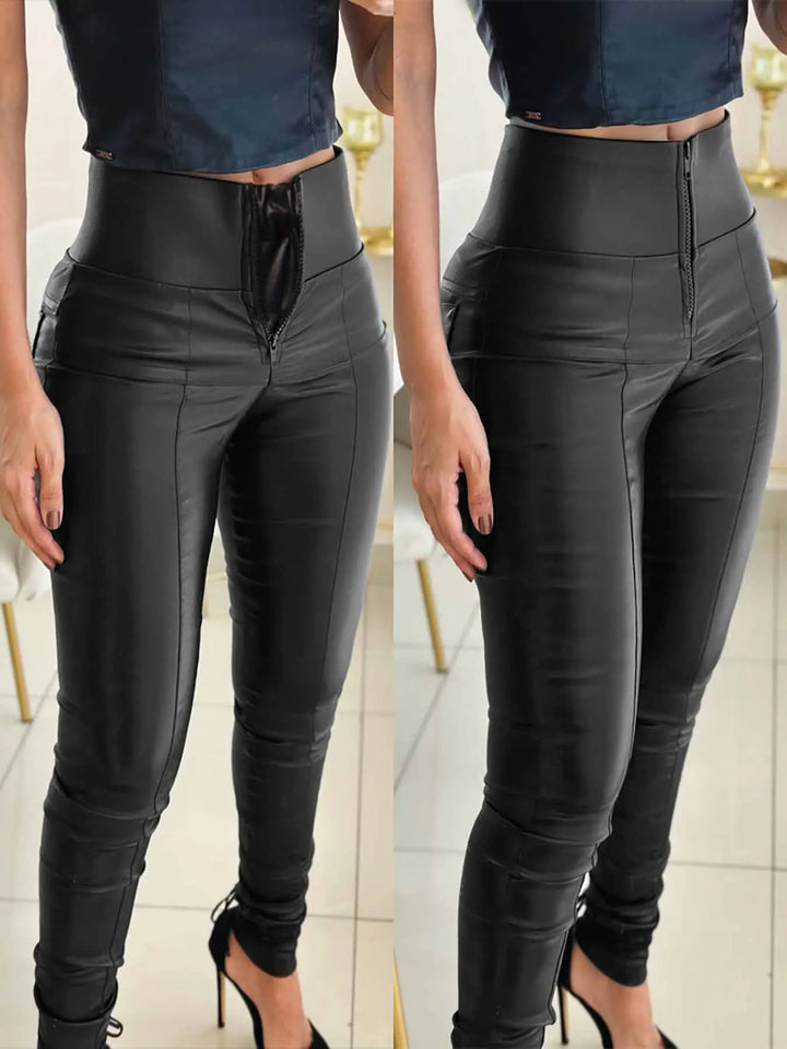 High Waist Leather Pants with Zipper