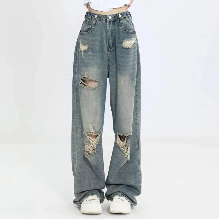 American Retro Hole-punched Jeans Women High Waist