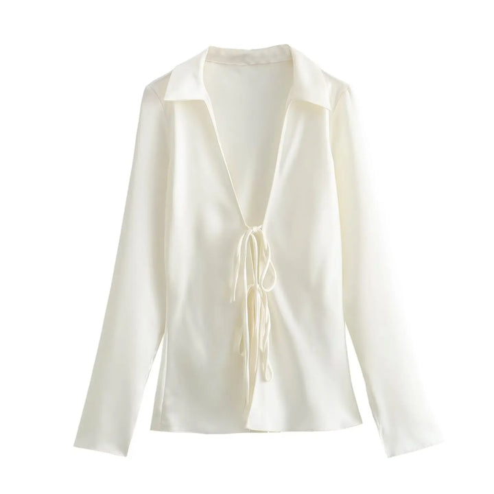 Black Satin Bow Tie Shirts Women