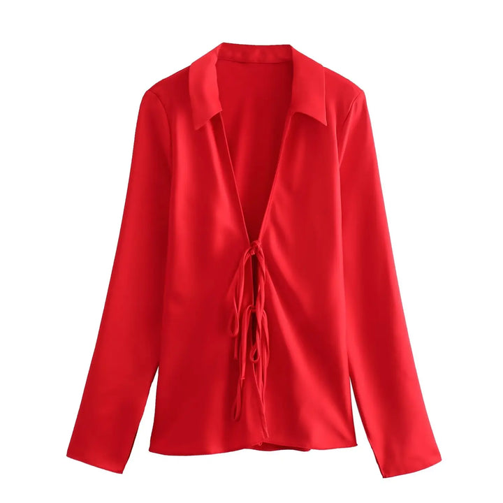 Black Satin Bow Tie Shirts Women