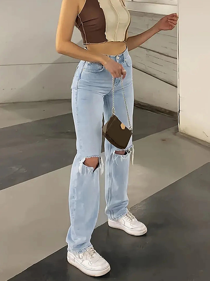 Women's new knee-piercing jeans, loose, comfortable and casual