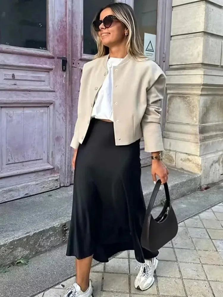 Black Satin Skirt Woman High Waist Elegant Long Skirts