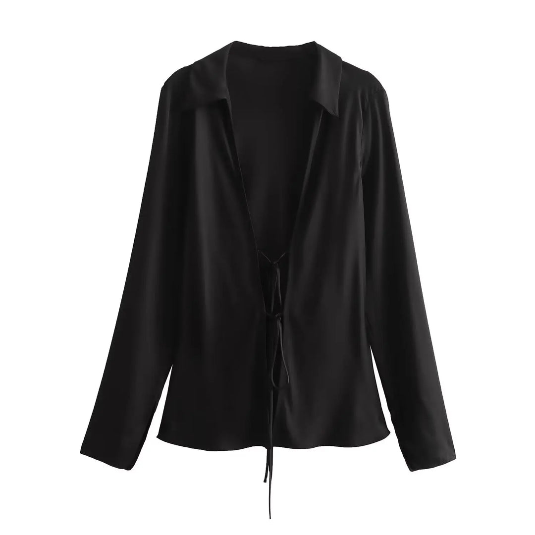 Black Satin Bow Tie Shirts Women