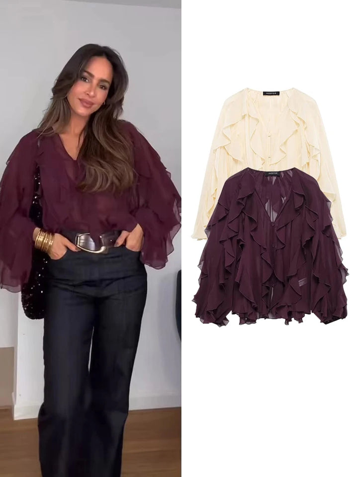 Women Translucent Ruffles