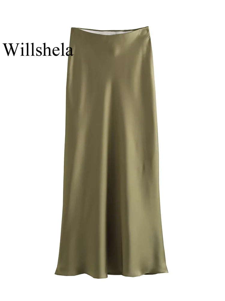 Black Satin Skirt Woman High Waist Elegant Long Skirts