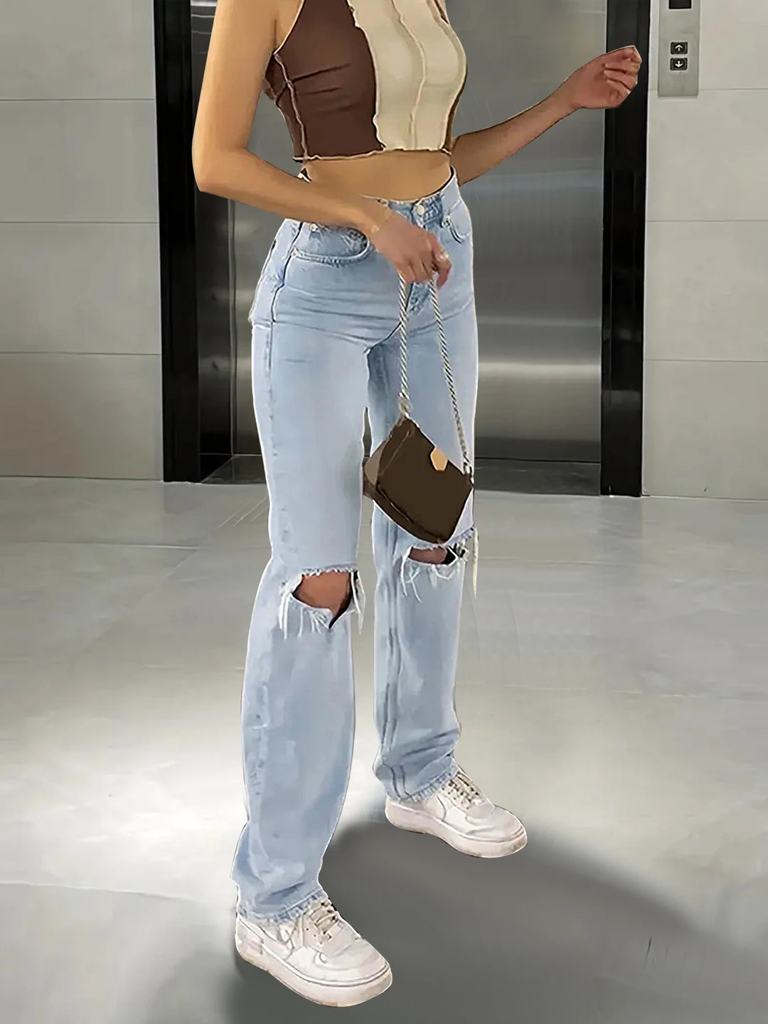 Women's new knee-piercing jeans, loose, comfortable and casual