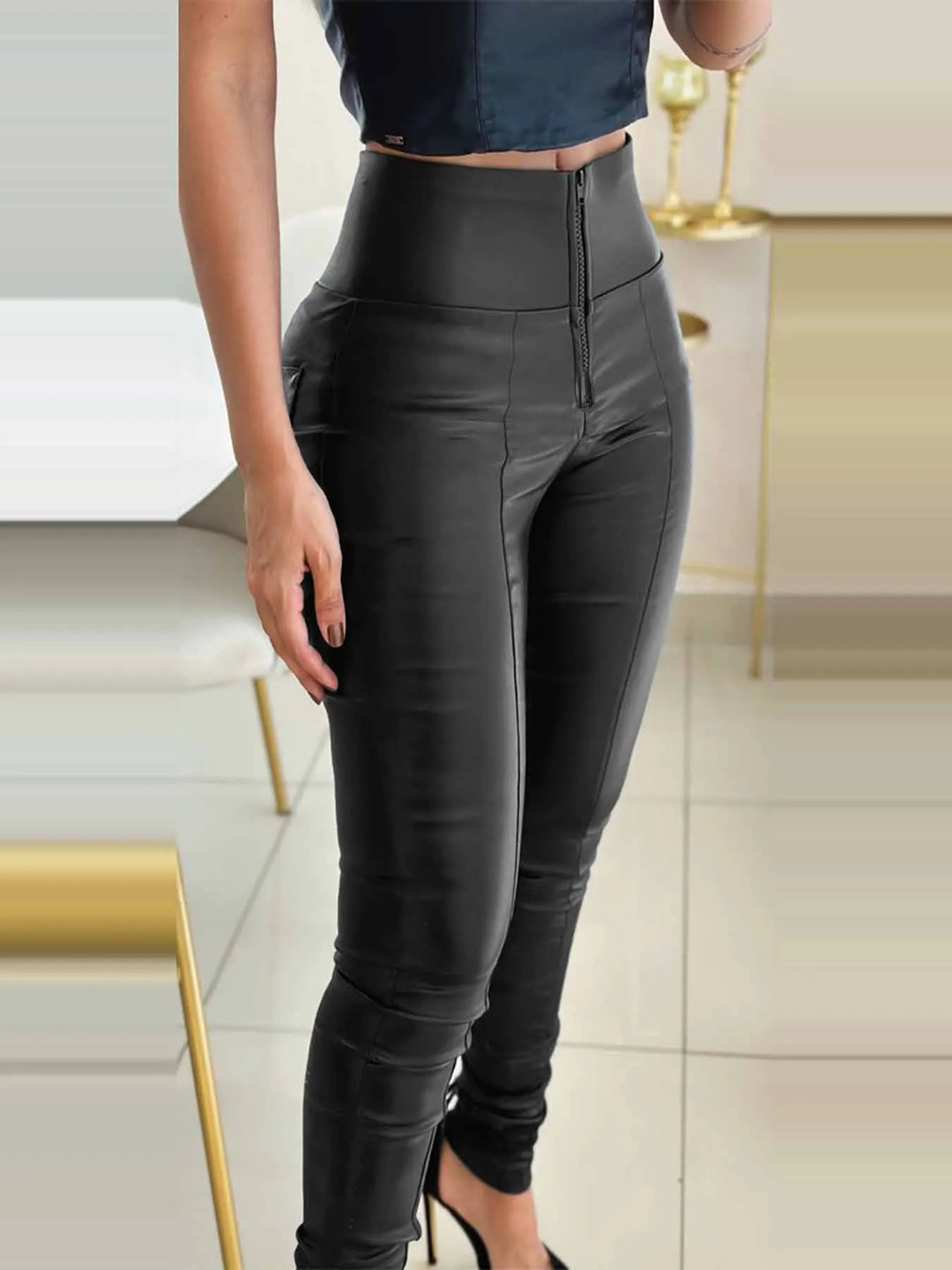 High Waist Leather Pants with Zipper