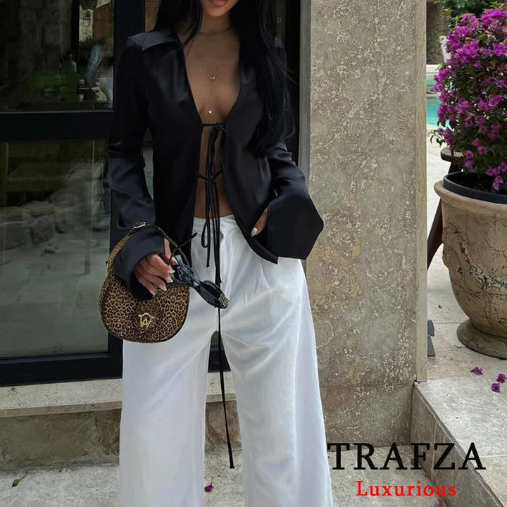 Black Satin Bow Tie Shirts Women